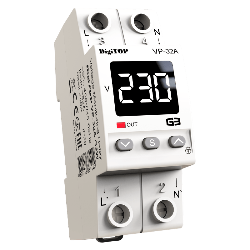 Modułowe cyfrowe przekaźnik kontroli napięcia | 1-fazowy | 32A | VP-32A G3W DigiTOP Modułowe cyfrowe przekaźnik kontroli napięcia | 1-fazowy | 32A | VP-32A G3W DigiTOP