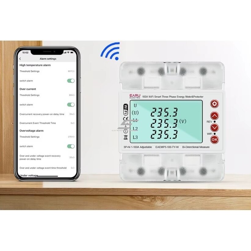 Smart three-phase energy meter with protection functions | 4P | 100 A | 3×230/400 V | Wi-Fi Tuya | DIN | ES-EAEMP3-100-TY-W 3 Smart three-phase energy meter with protection functions | 4P | 100 A | 3×230/400 V | Wi-Fi Tuya | DIN | ES-EAEMP3-100-TY-W 3