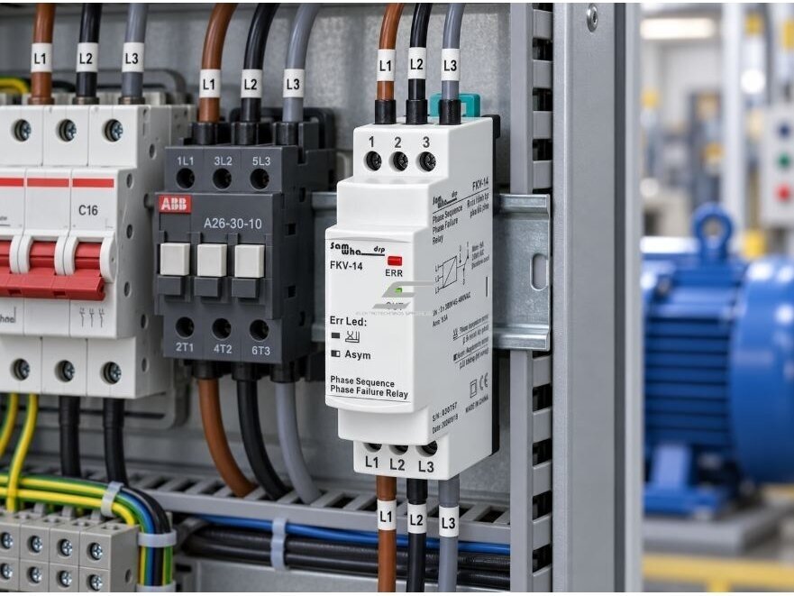 Modulinė trifazė fazių kontrolės | sekos | apsaugos relė | 3x380V | fazių asimetrija 30% | DIN 4