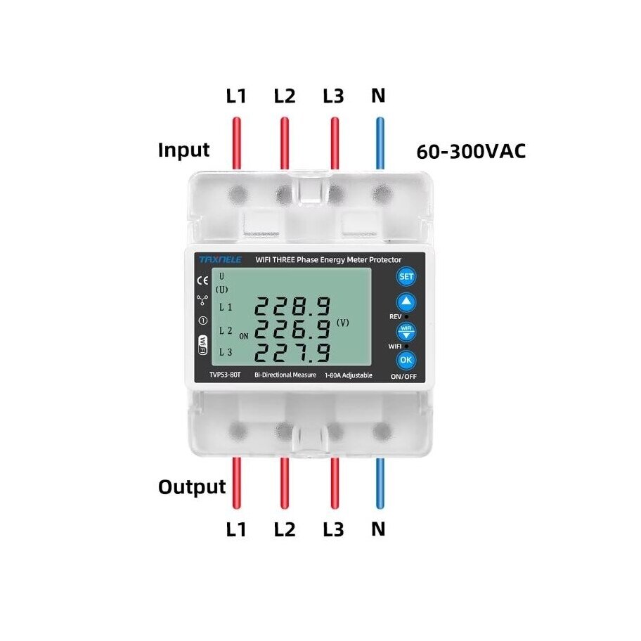 Smart three-phase bidirectional energy meter with voltage, current and phase-sequence protection | 1–80 A | 3×230/400 V | Wi-Fi Tuya | DIN | EL-TVPS3-80T 5