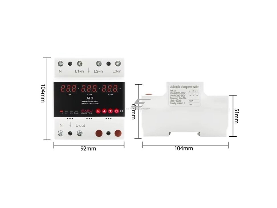 Modulinė | skaitmeninė automatinė fazių perjungimo relė | iš 380V į 230 V | 3F | 63A | DIN 3