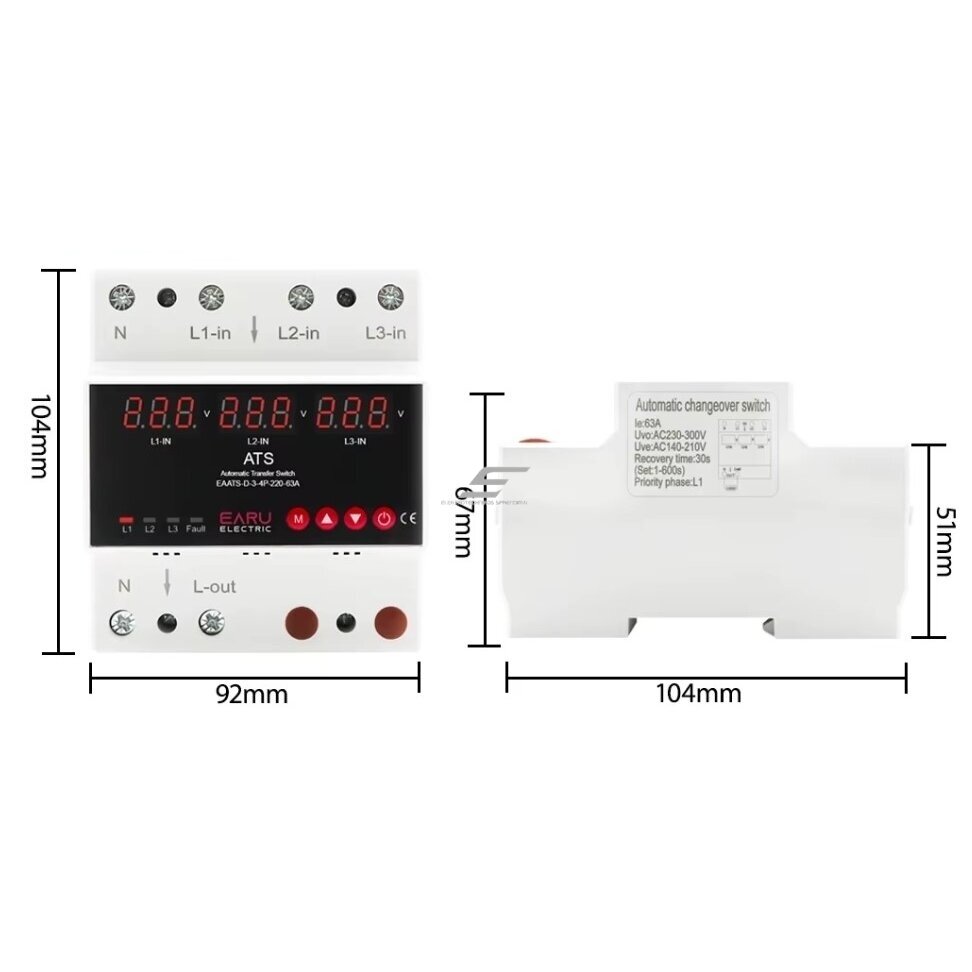 Modulārs | Digitālais automātiskais fāžu pārslēgšanas relejs | no 380V uz 230V | 3F | 63A | DIN 3 Modulārs | Digitālais automātiskais fāžu pārslēgšanas relejs | no 380V uz 230V | 3F | 63A | DIN 3