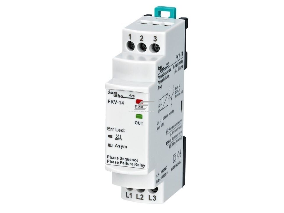 Modulinė trifazė fazių kontrolės | sekos | apsaugos relė | 3x380V | fazių asimetrija 30% | DIN