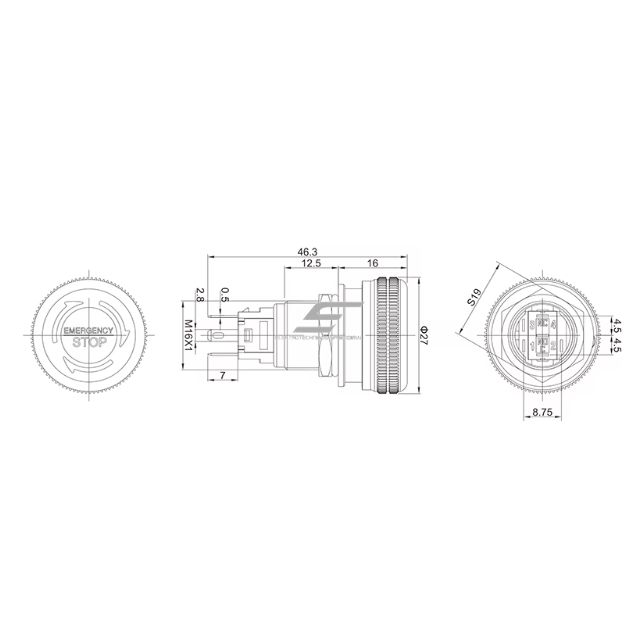 Emergency STOP button | 16mm | 220V | 1NO+1NC | LED (red) | IP65 | latching | anodized aluminum 1