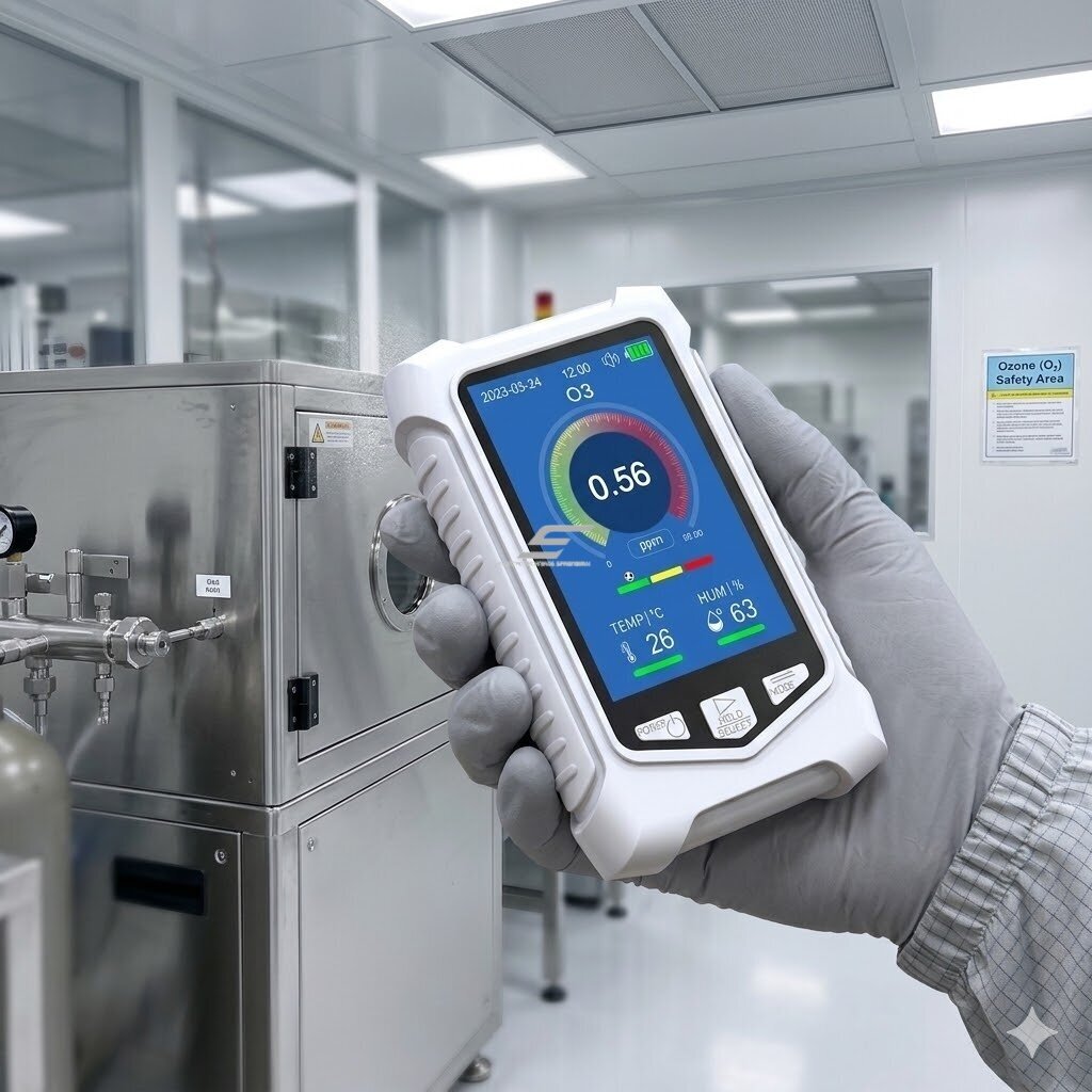 Pārnēsājams ozona (O₃) gāzes detektors 3-in-1 | 0–50 ppm | temperatūra + mitrums | LCD displejs | skaņas signalizācija | Li-ion 2000 mAh | ABS plastmasa 3