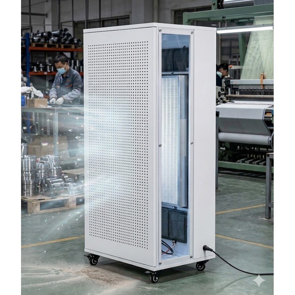 Tööstuslik õhupuhasti HEPA filtriga | 1200 m³/h | kuni 140 m² | PM2.5 osakeste eemaldamine | gaasiliste saasteainete filtreerimine | 1245x320x575 mm | valge 1
