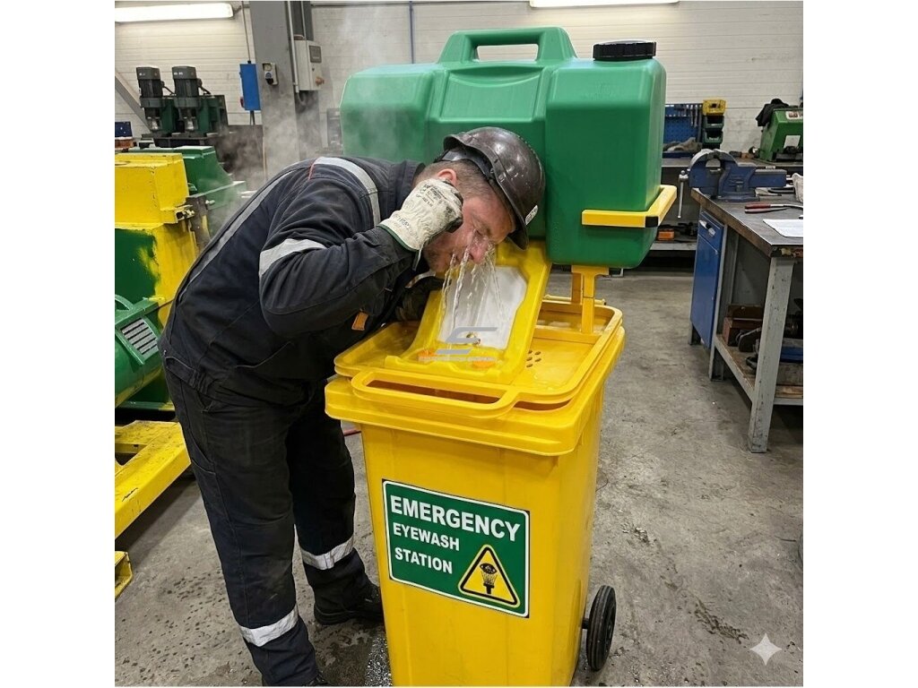 Avarinė akių ir veido plovimo stotelė | su vežimėliu ir nuotekų talpa | 30L + 100L | mobili | autonominis veikimas | ABS plastikas | geltona / žalia 4