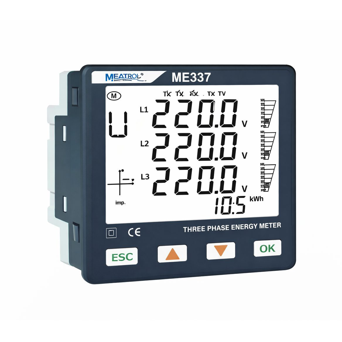 Rogowski panel power analyzer | voltage and current measurement | 12–24 V DC | 3-in-1 current input | RJ45 | LCD display | 6 tariffs | MODBUS RS485 | ME337NR3