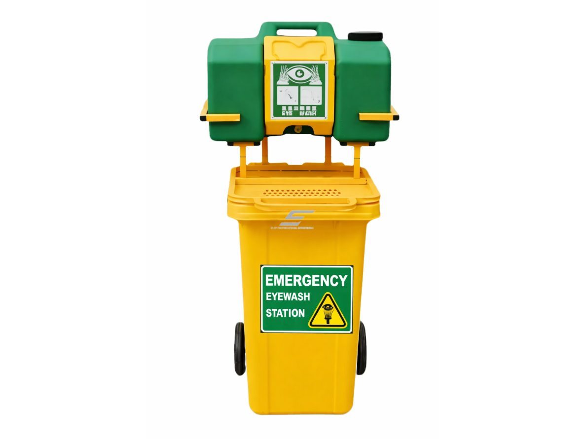 Avarinė akių ir veido plovimo stotelė | su vežimėliu ir nuotekų talpa | 30L + 100L | mobili | autonominis veikimas | ABS plastikas | geltona / žalia Avarinė akių ir veido plovimo stotelė | su vežimėliu ir nuotekų talpa | 30L + 100L | mobili | autonominis veikimas | ABS plastikas | geltona / žalia