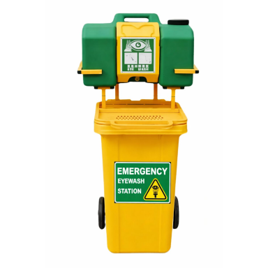 Avārijas acu un sejas skalošanas stacija | ar ratiņiem un notekūdeņu tvertni | 30L + 100L | mobila | autonoma darbība | ABS plastmasa | dzeltena / zaļa Avārijas acu un sejas skalošanas stacija | ar ratiņiem un notekūdeņu tvertni | 30L + 100L | mobila | autonoma darbība | ABS plastmasa | dzeltena / zaļa
