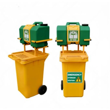 Avārijas acu un sejas skalošanas stacija | ar ratiņiem un notekūdeņu tvertni | 30L + 100L | mobila | autonoma darbība | ABS plastmasa | dzeltena / zaļa Avārijas acu un sejas skalošanas stacija | ar ratiņiem un notekūdeņu tvertni | 30L + 100L | mobila | autonoma darbība | ABS plastmasa | dzeltena / zaļa