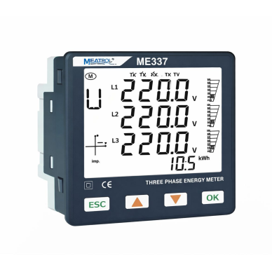 Rogowski panel power analyzer | voltage and current measurement | 12–24 V DC | 3-in-1 current input | RJ45 | LCD display | 6 tariffs | MODBUS RS485 | ME337NR3