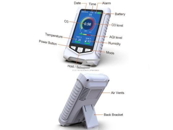 Nešiojamas ozono (O₃) dujų detektorius 3-in-1 | 0–50 ppm | temperatūra + drėgmė | LCD ekranas | garsinė signalizacija | Li-ion 2000 mAh | ABS plastikas 2