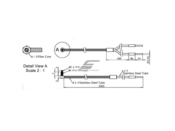 Optinio pluošto | šviesolaidžio galvutė | difuzinis jutiklis | 190mm | M4 | 2m | kampinis | nikeliuotas žalvaris | IP68 1