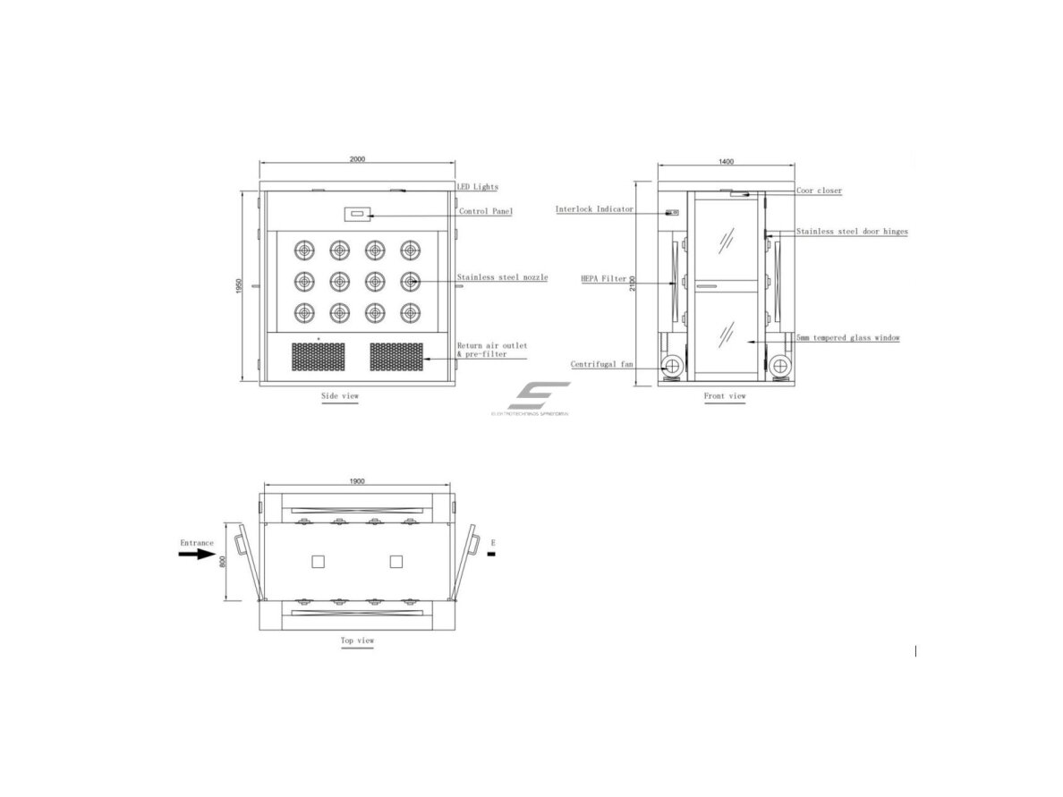 Sanitarinis praėjimo oro dušas | 2 durų | su 24 purkštukais | ≥20m/s | 380V | 1400x2000x2100mm | HEPA H13/H14 | nerūdijantis plienas 6 Sanitarinis praėjimo oro dušas | 2 durų | su 24 purkštukais | ≥20m/s | 380V | 1400x2000x2100mm | HEPA H13/H14 | nerūdijantis plienas 6
