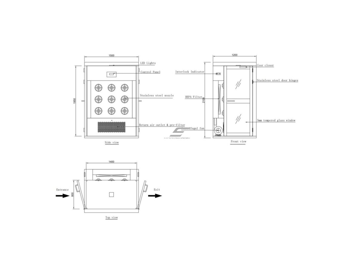 Sanitarinis praėjimo oro dušas | 2 durų | su 9 purkštukais | ≥20m/s | 380V | 1200x1500x2100mm | HEPA H13/H14 | nerūdijantis plienas 6 Sanitarinis praėjimo oro dušas | 2 durų | su 9 purkštukais | ≥20m/s | 380V | 1200x1500x2100mm | HEPA H13/H14 | nerūdijantis plienas 6