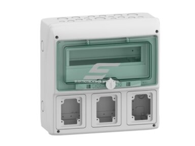 Elektros paskirstymo | modulinis skydelis | dėžė | skydas | 12 modulių | 340x335x160mm | skaidrios durelės | su 3 vietomis lizdams | hermetinis | virštinkinis | plastikinis | IP65 | Schneider Electric | Kaedra | 13180