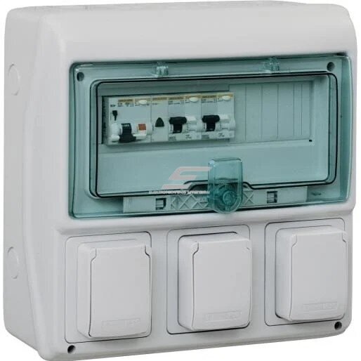 Surface-mounted modular distribution board | 12 modules | 340x335x160mm | with 3 socket positions | IP65 | transparent doors | Kaedra 1 Surface-mounted modular distribution board | 12 modules | 340x335x160mm | with 3 socket positions | IP65 | transparent doors | Kaedra 1