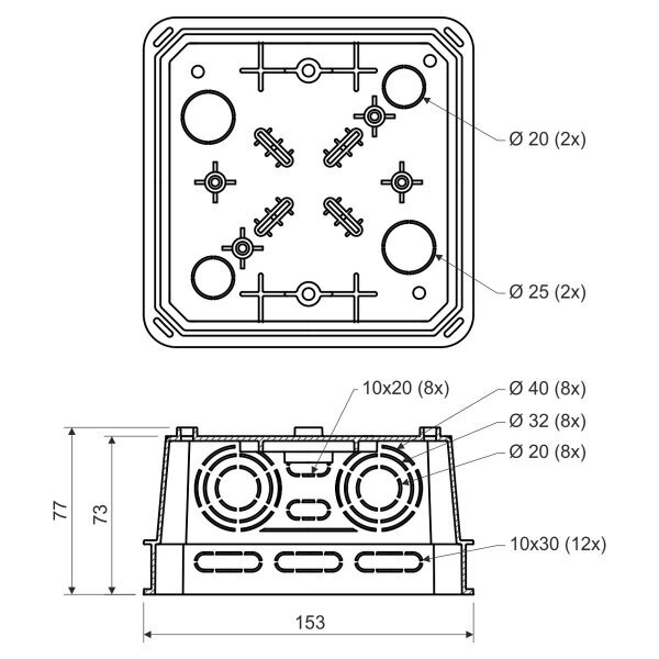 Distribution mounting box | grey | flush-mounted in wall | 153x153x77mm 2 Distribution mounting box | grey | flush-mounted in wall | 153x153x77mm 2
