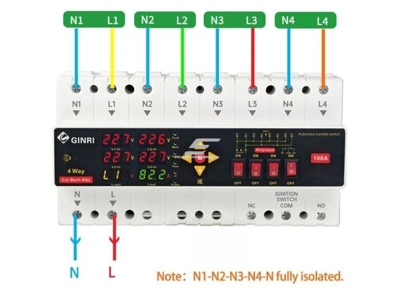 Modulinis rezervinis automatinis galios perjungiklis su apsaugos funkcijomis | generatoriams | nepertraukiamam elektros energijos tiekimui | 4 įėjimai | 2P | 100A | 230V 2 Modulinis rezervinis automatinis galios perjungiklis su apsaugos funkcijomis | generatoriams | nepertraukiamam elektros energijos tiekimui | 4 įėjimai | 2P | 100A | 230V 2