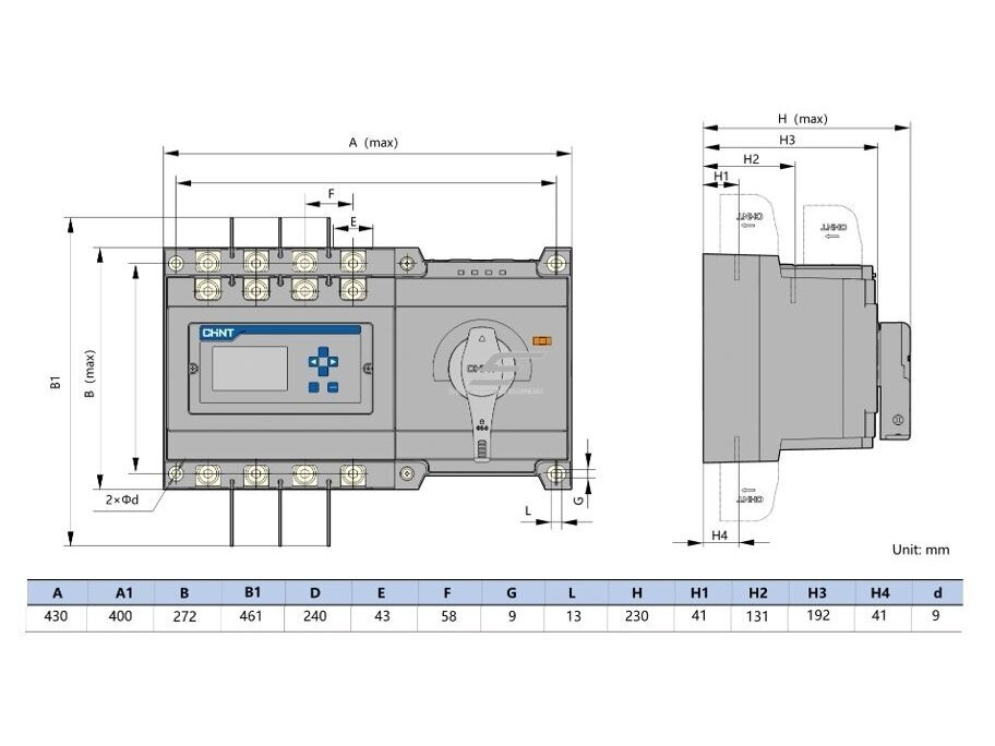 Automatinis rezervinio maitinimo perjungiklis ATS CHINT NXZ-630/4 | 4P | 630 A | 400/415 V | PC klasė 2