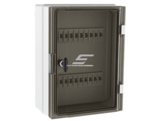 Elektros paskirstymo | modulinis skydelis | dėžė | skydas | 18 modulių | 260x350x150mm | skaidrios durelės | behalogeninis | su plombavimo galimybe | hermetinis | virštinkinis | plastikinis | IP65 | TEM | 920.2635.152.018