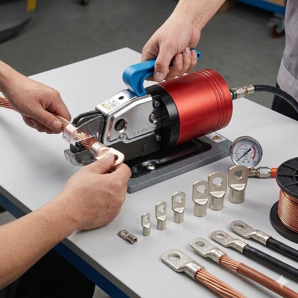 Pneumatic cable lug crimping press for crimping | 13.5 kN | 6–70 mm² | bench-mounted | air pressure 0.4–1 MPa 3 Pneumatic cable lug crimping press for crimping | 13.5 kN | 6–70 mm² | bench-mounted | air pressure 0.4–1 MPa 3