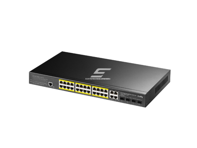 PoE komutatorius 24 portų | 24xPoE + 4xCombo Uplink | laidinio tinklo išplėtimas | konfiguruojamas | 400 W | metalinis korpusas  1