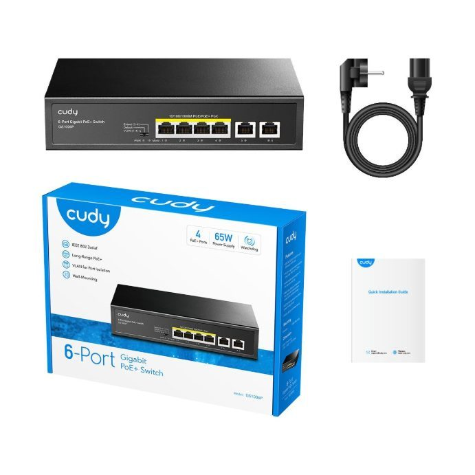 PoE коммутатор, 6 портов | расширение проводной сети | Gigabit | 4xPoE + 2xUplink | неуправляемый | 120 Вт | металлический корпус 2