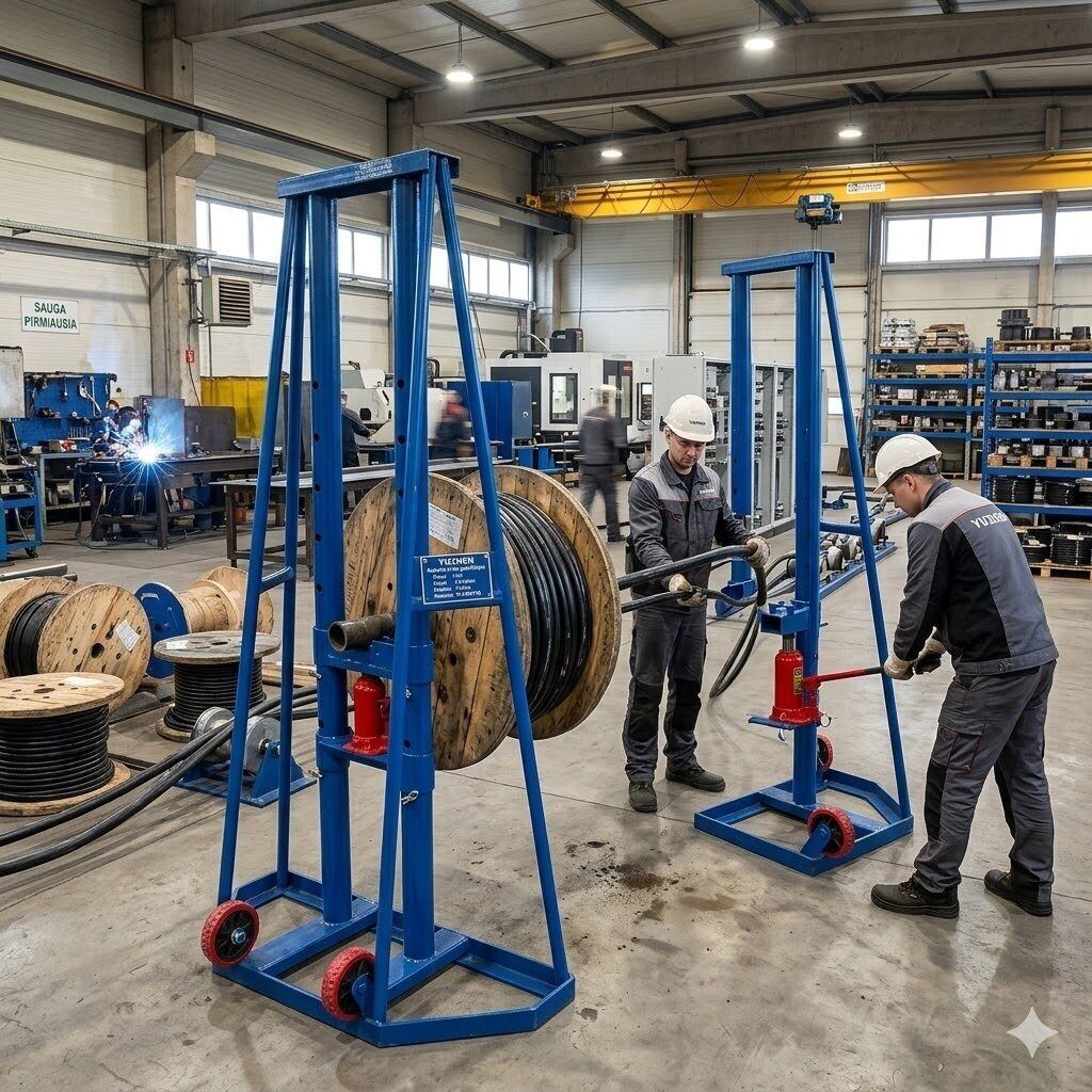 Cable drum lifting and cable unwinding device | with jacks | 3t | 1.5m axle | steel | mobile 4 Cable drum lifting and cable unwinding device | with jacks | 3t | 1.5m axle | steel | mobile 4