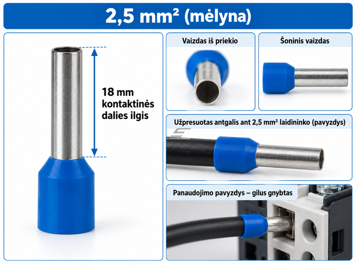 Prailgintas izoliuotas laidų antgalis | gilzė | 2,5 mm² | 18 mm | presuojamas | mėlynas | DIN 46228-4 | 100 vnt. | 260140 1 Prailgintas izoliuotas laidų antgalis | gilzė | 2,5 mm² | 18 mm | presuojamas | mėlynas | DIN 46228-4 | 100 vnt. | 260140 1