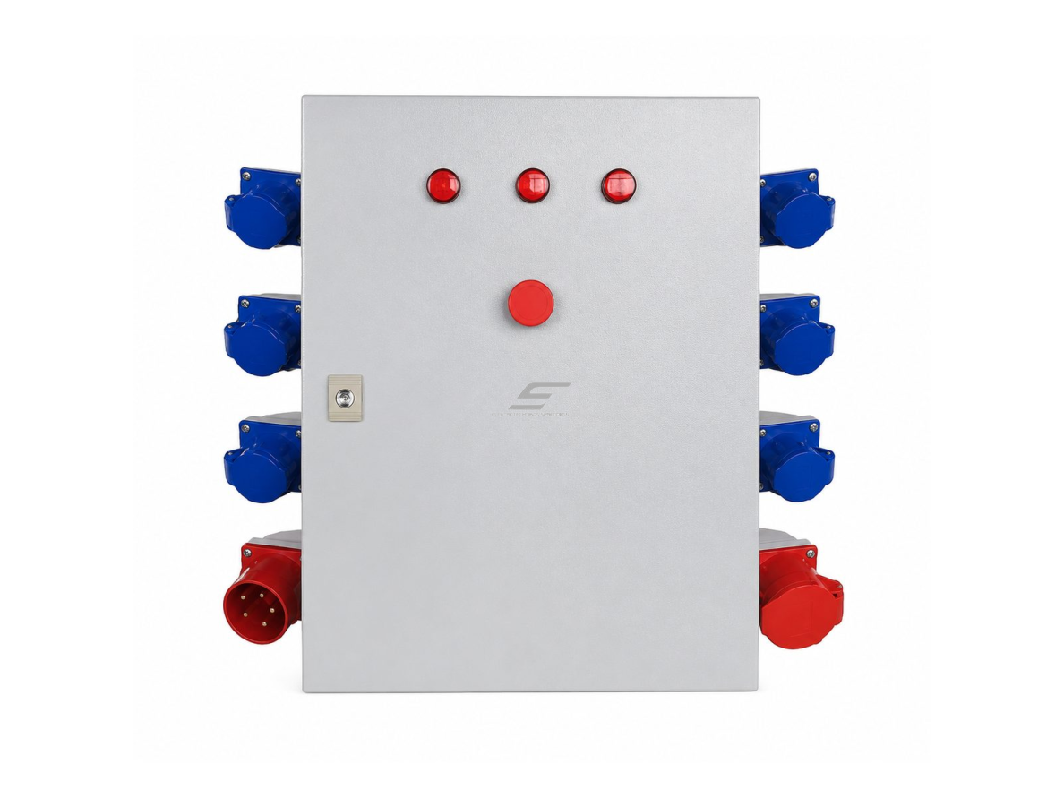 Pramoninis elektros lizdų skydas | 6x230V + 2x380V | 700x400x800mm | hermetinis | IP67 | metalinis | lauko ir vidaus naudojimui Pramoninis elektros lizdų skydas | 6x230V + 2x380V | 700x400x800mm | hermetinis | IP67 | metalinis | lauko ir vidaus naudojimui