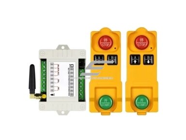 Belaidis kranų valdymo pultas | 2 siųstuvai + imtuvas | 2 mygtukai + START/STOP | 1 greitis | 315 MHz | 100–240 V AC | ES-E1738-315B Belaidis kranų valdymo pultas | 2 siųstuvai + imtuvas | 2 mygtukai + START/STOP | 1 greitis | 315 MHz | 100–240 V AC | ES-E1738-315B