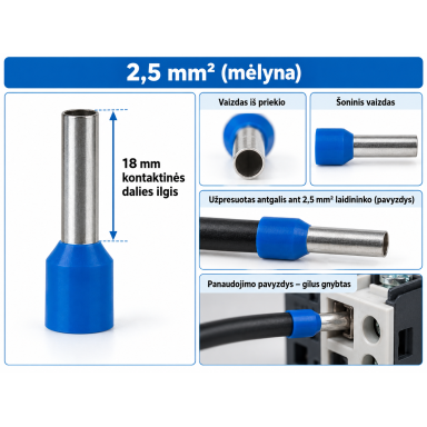 Pikendatud isoleeritud otsahülss | otsahülss | 2,5 mm² | 18 mm | presitav | sinine | DIN 46228-4 | 100 tk | 260140