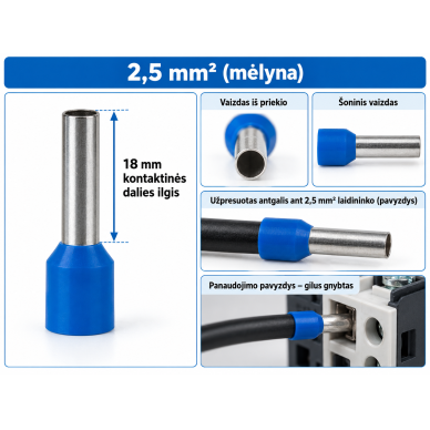 Pikendatud isoleeritud otsahülss | otsahülss | 2,5 mm² | 18 mm | presitav | sinine | DIN 46228-4 | 100 tk | 260140 1