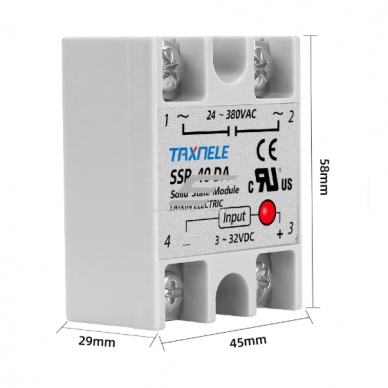 Pooljuhtrelee | DC–AC | 3–32 V DC → 24–380 V AC | 40 A | vaikne kontaktivaba lülitus | hermeetiline korpus | TAXNELE SSR-40DA 2