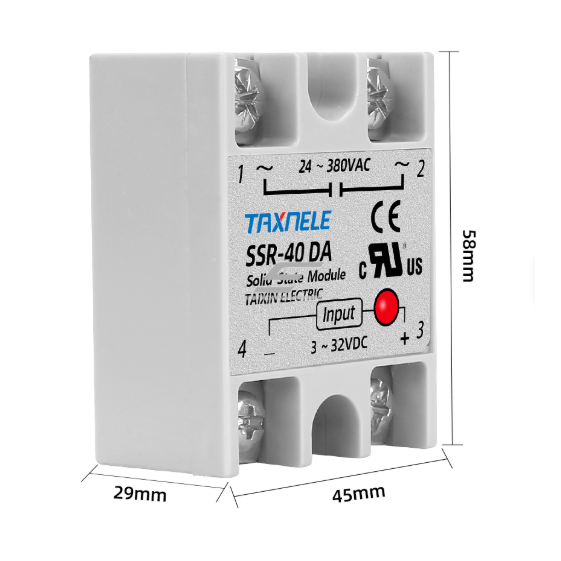 Pooljuhtrelee | DC–AC | 3–32 V DC → 24–380 V AC | 10 A | vaikne kontaktivaba lülitus | hermeetiline korpus | TAXNELE SSR-10DA 2