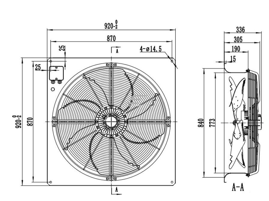 Pramoninis ašinis sieninis ventiliatorius | 0,9 kW | 3×380 V | 950 aps./min | 10000–15500 m³/h | aliuminio lydinys | IP66 | 870×870 mm 1