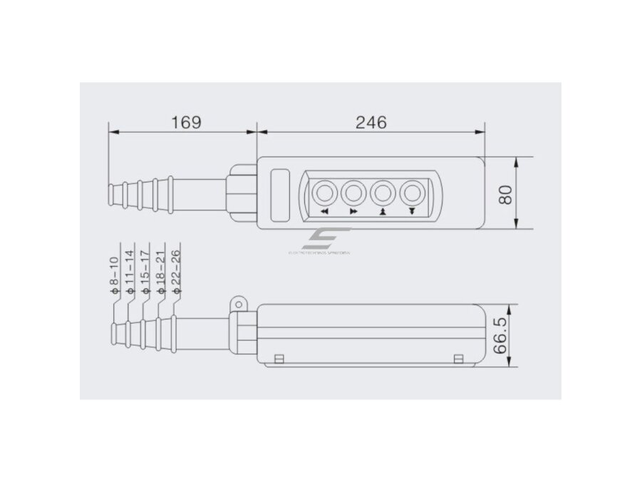 Pramoninis kranų valdymo pultas | su 4 mygtukais | 2-5A | 250-500V | IP56 | 1 greičio 2 Pramoninis kranų valdymo pultas | su 4 mygtukais | 2-5A | 250-500V | IP56 | 1 greičio 2