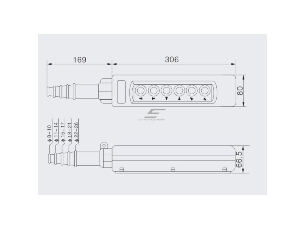 Pramoninis kranų valdymo pultas | su 6 mygtukais | 2-5A | 250-500V | IP56 | 1 greičio 2 Pramoninis kranų valdymo pultas | su 6 mygtukais | 2-5A | 250-500V | IP56 | 1 greičio 2