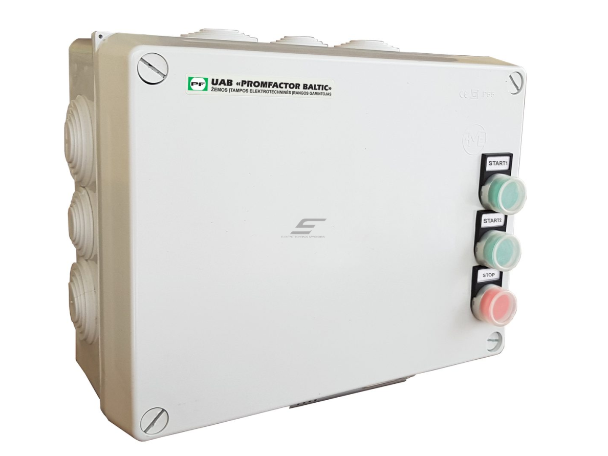 Reversinis variklio paleidimo kontaktorius su šilumine rėle ir dėžute bei valdymo mygtukais | 0,55kW | 1,3-1,8A | IP56 | Promfactor Baltic | SKM0055R | 4779040159011 Reversinis variklio paleidimo kontaktorius su šilumine rėle ir dėžute bei valdymo mygtukais | 0,55kW | 1,3-1,8A | IP56 | Promfactor Baltic | SKM0055R | 4779040159011