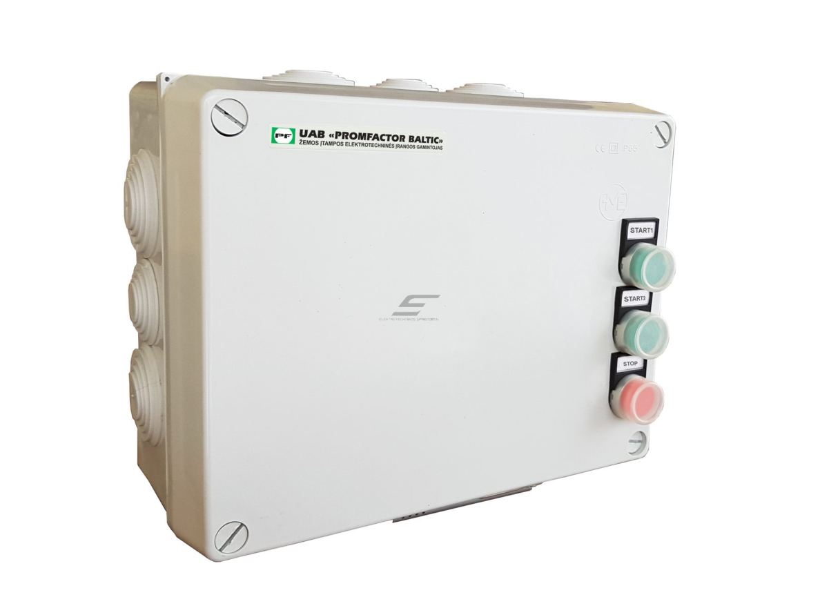Reversinis variklio paleidimo kontaktorius su šilumine rėle ir dėžute bei valdymo mygtukais | 5,5kW | 7,5-11A | IP56 | Promfactor Baltic | SKM0550R | 4779040159080 Reversinis variklio paleidimo kontaktorius su šilumine rėle ir dėžute bei valdymo mygtukais | 5,5kW | 7,5-11A | IP56 | Promfactor Baltic | SKM0550R | 4779040159080