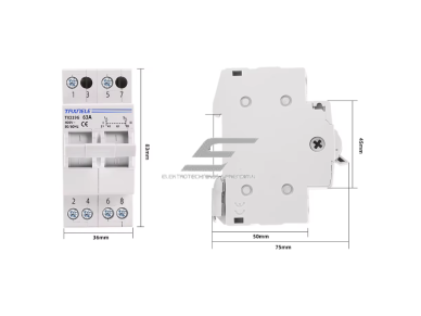 Modulinis rezervinis galios perjungiklis generatoriams | nepertraukiamam elektros energijos tiekimui | 1-0-2 | 2P | 63A | 400V | DIN 4 Modulinis rezervinis galios perjungiklis generatoriams | nepertraukiamam elektros energijos tiekimui | 1-0-2 | 2P | 63A | 400V | DIN 4