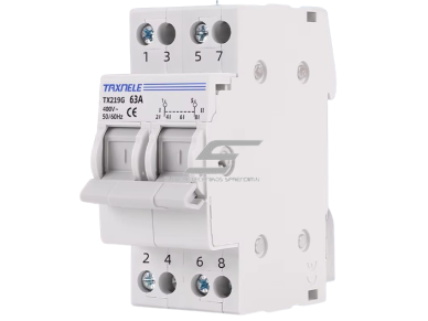 Modulinis rezervinis galios perjungiklis generatoriams | nepertraukiamam elektros energijos tiekimui | 1-0-2 | 2P | 63A | 400V | DIN Modulinis rezervinis galios perjungiklis generatoriams | nepertraukiamam elektros energijos tiekimui | 1-0-2 | 2P | 63A | 400V | DIN