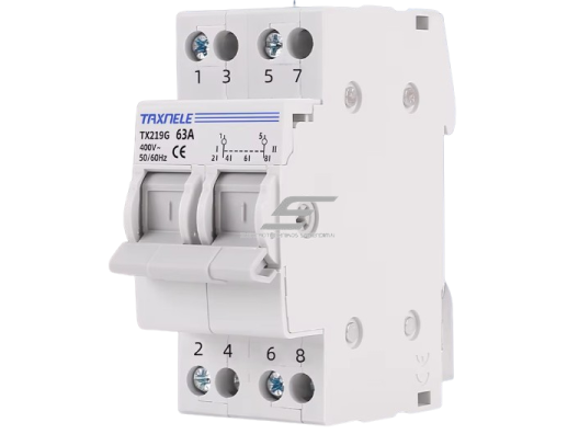 Modulinis rezervinis galios perjungiklis generatoriams | nepertraukiamam elektros energijos tiekimui | 1-0-2 | 2P | 63A | 400V | DIN Modulinis rezervinis galios perjungiklis generatoriams | nepertraukiamam elektros energijos tiekimui | 1-0-2 | 2P | 63A | 400V | DIN