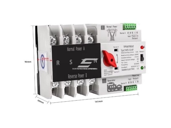 Modulinis rezervinis automatinis galios perjungiklis generatoriams | elektros energijos nepertraukiamam tiekimui | 4P | 125A | 380V | DIN 3 Modulinis rezervinis automatinis galios perjungiklis generatoriams | elektros energijos nepertraukiamam tiekimui | 4P | 125A | 380V | DIN 3