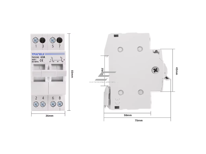 Modulinis rezervinis galios perjungiklis generatoriams | nepertraukiamam elektros energijos tiekimui | 1-0-2 | 2P | 63A | 400V | DIN 4 Modulinis rezervinis galios perjungiklis generatoriams | nepertraukiamam elektros energijos tiekimui | 1-0-2 | 2P | 63A | 400V | DIN 4