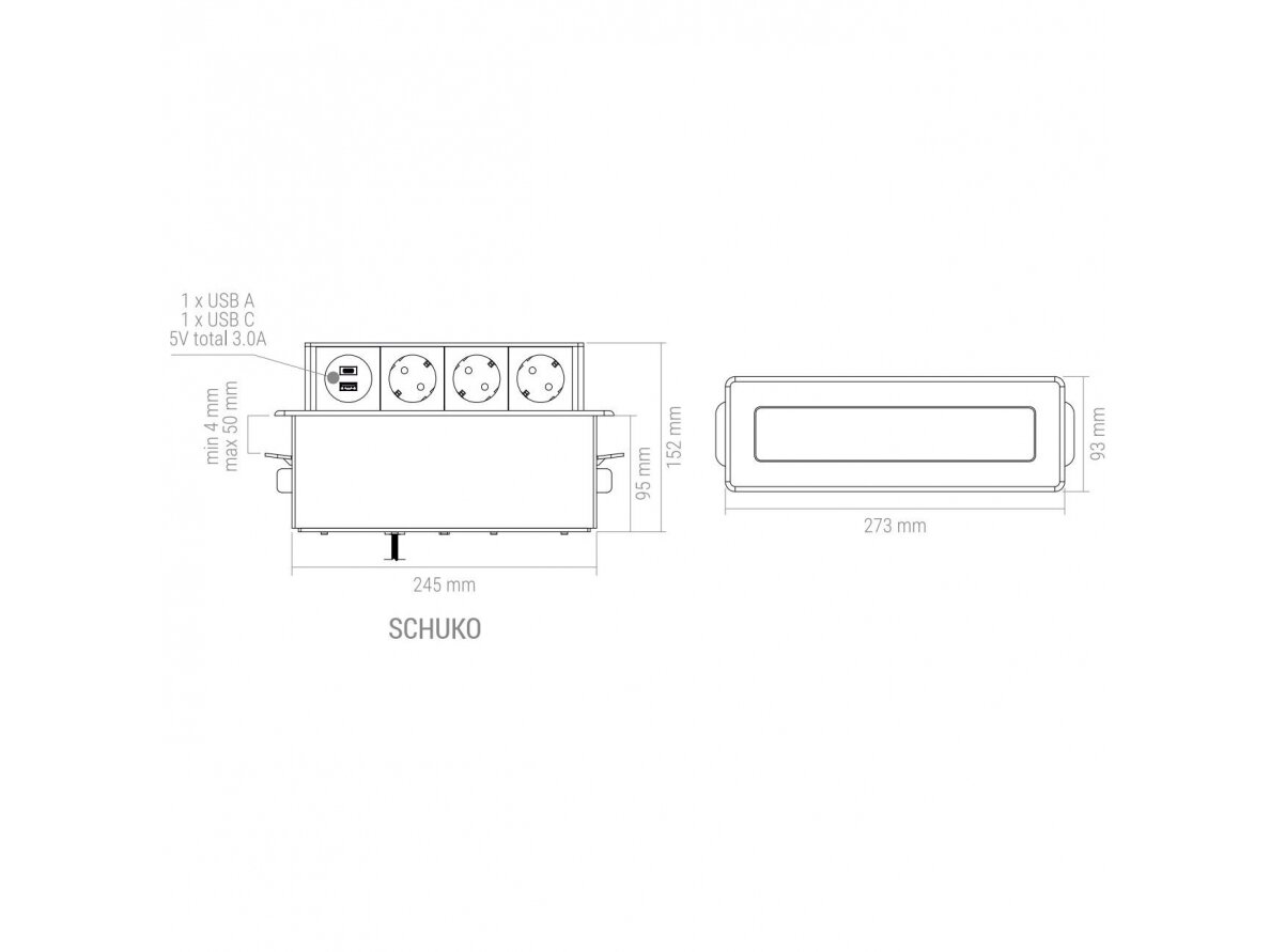 Kištukinių lizdų blokas | montuojamas į baldus | išsikeliantis | 3xSchuko | 2xUSB-A+C | 273x93x99mm | 2m kabelis | sidabrinis | HOPBOX-SD-3DE-UC-2-01 3
