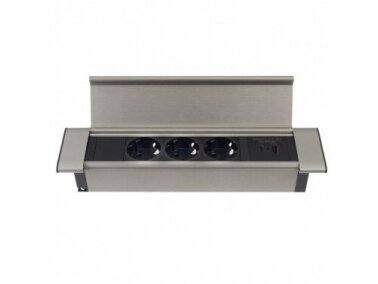 Kištukinių lizdų blokas | montuojamas į baldus | 3xSchuko | 2xUSB-A+C | 293x67x39mm | 1,8m kabelis | sidabrinis | FLATBOX-SD-3DE 1