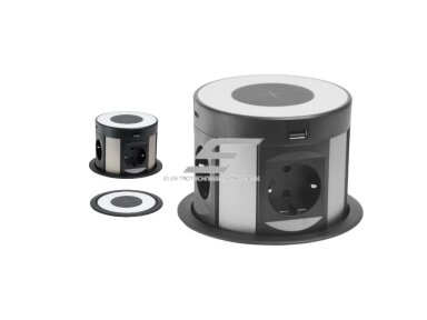 Išsikeliantis kištukinių lizdų blokas | kolona | montuojamas į baldus | apvalus | 4xSchuko | 2xUSB-A | 2xUSB-C | 1xBelaidė įkrovimo stotelė | Ø120mm | juodas/sidabrinis | Bachmann SA.PO.LIFT Išsikeliantis kištukinių lizdų blokas | kolona | montuojamas į baldus | apvalus | 4xSchuko | 2xUSB-A | 2xUSB-C | 1xBelaidė įkrovimo stotelė | Ø120mm | juodas/sidabrinis | Bachmann SA.PO.LIFT